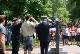 saranac lake memorial chief fire bruce nason police left ceremony during keough wreath flank laying brendan scout duty shared boy